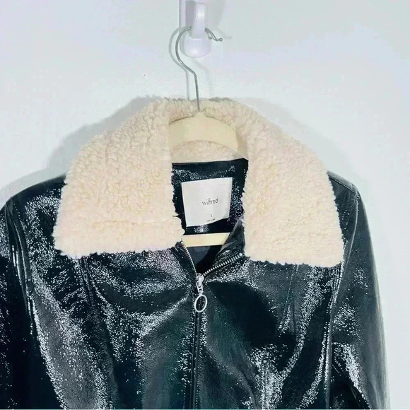 Wilfred Tempest Jacket Shine Black Vinyl Sherpa Collar Bikercore Faux Leather - Picture 4 of 9